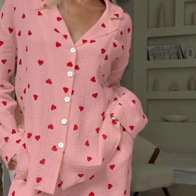 Women's Heart-Print Pajama Set – Elegant for Autumn - Pink
