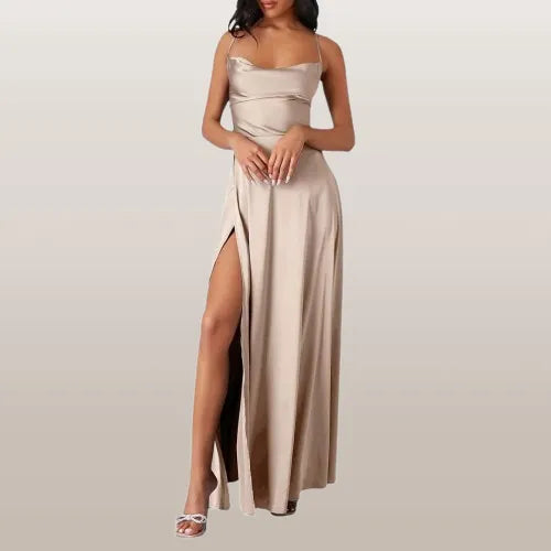 Sleeveless Silk Maxi Dress with Flowing Design | Perfect for Summer - Light Brown