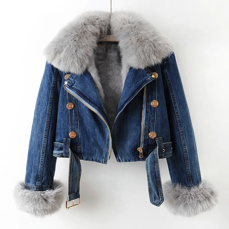 Luxuriöser Jeansmantel für Damen mit herausnehmbarem Pelzfutter
