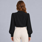 Women's Mock Neck Gold Button Blouse – Ruched Drape Front Long Sleeve Dressy Top