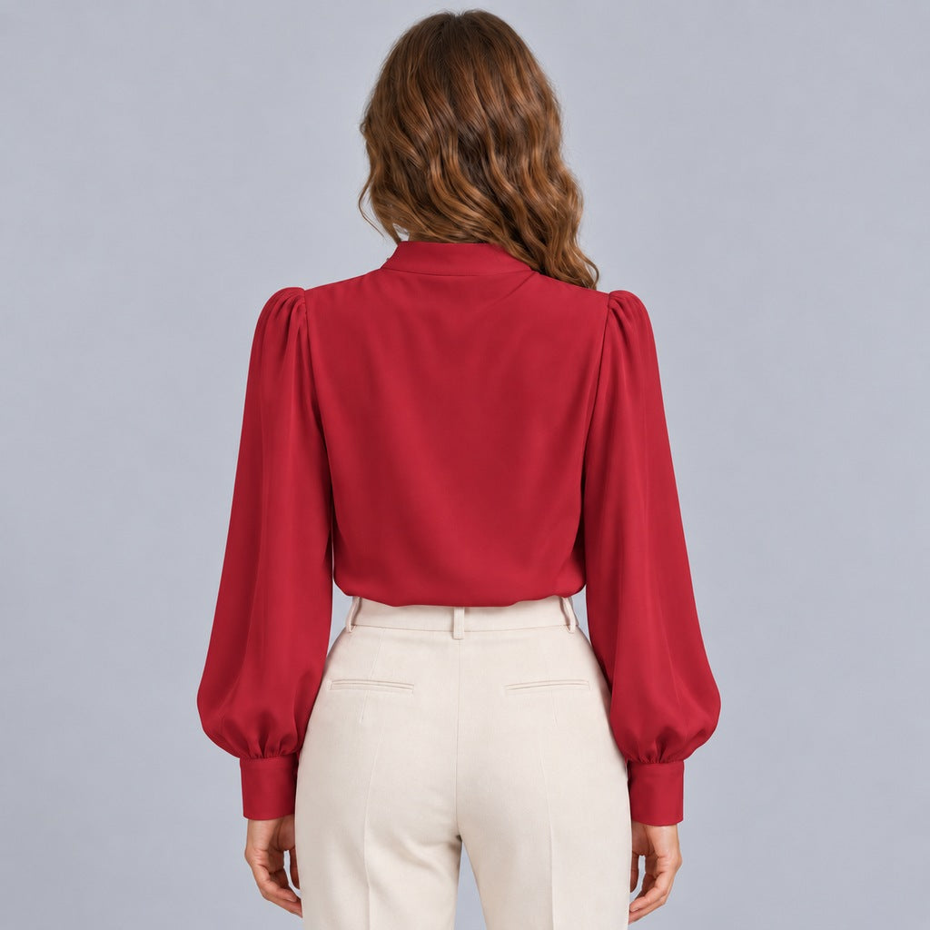 Women's Mock Neck Gold Button Blouse – Ruched Drape Front Long Sleeve Dressy Top