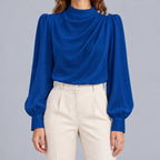 Women's Mock Neck Gold Button Blouse – Ruched Drape Front Long Sleeve Dressy Top