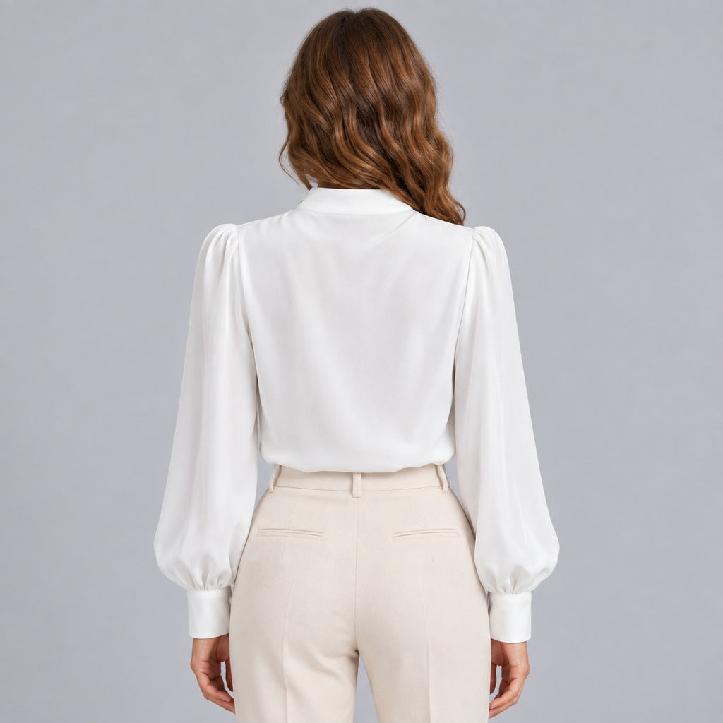 Women's Mock Neck Gold Button Blouse – Ruched Drape Front Long Sleeve Dressy Top