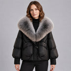 Chaqueta acolchada brillante para mujer con cuello de piel sintética extragrande – Abrigo corto con cierre de botones tipo trenca