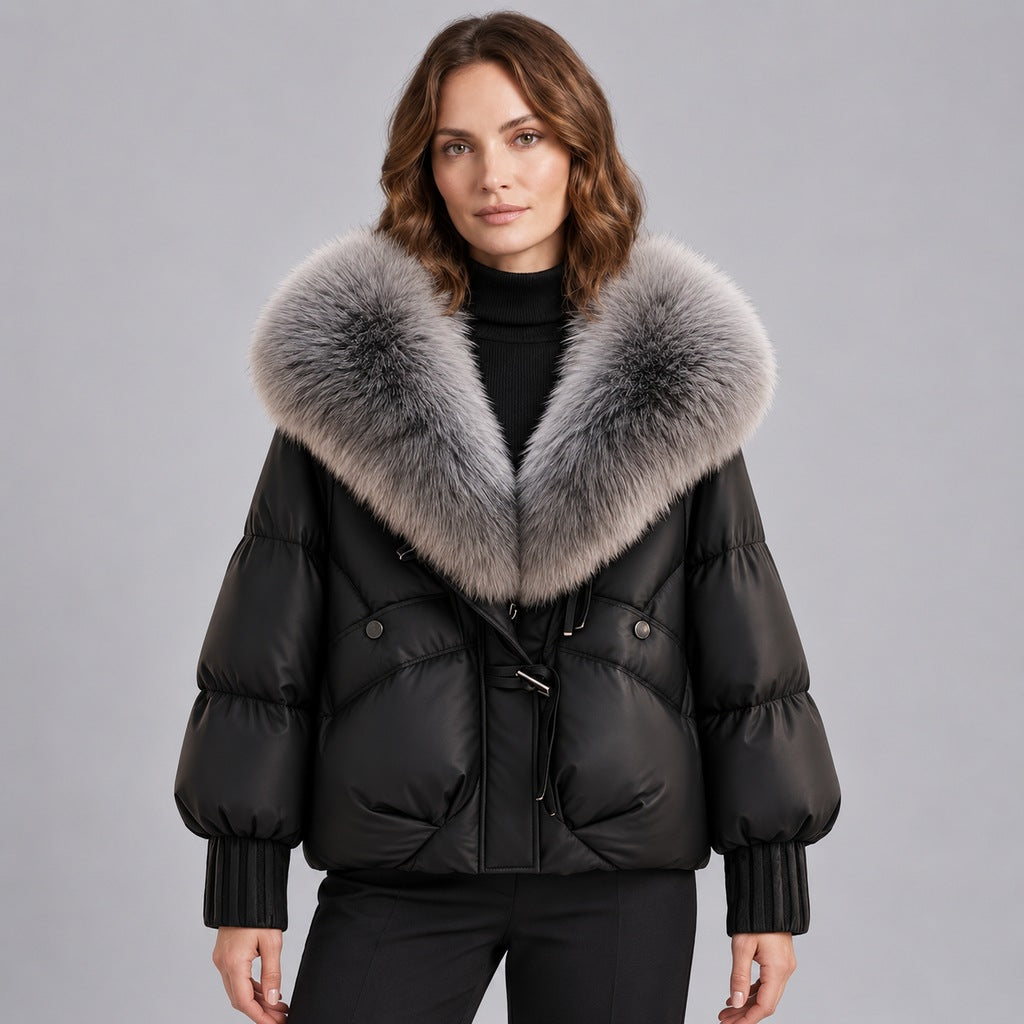 Chaqueta acolchada brillante para mujer con cuello de piel sintética extragrande – Abrigo corto con cierre de botones tipo trenca