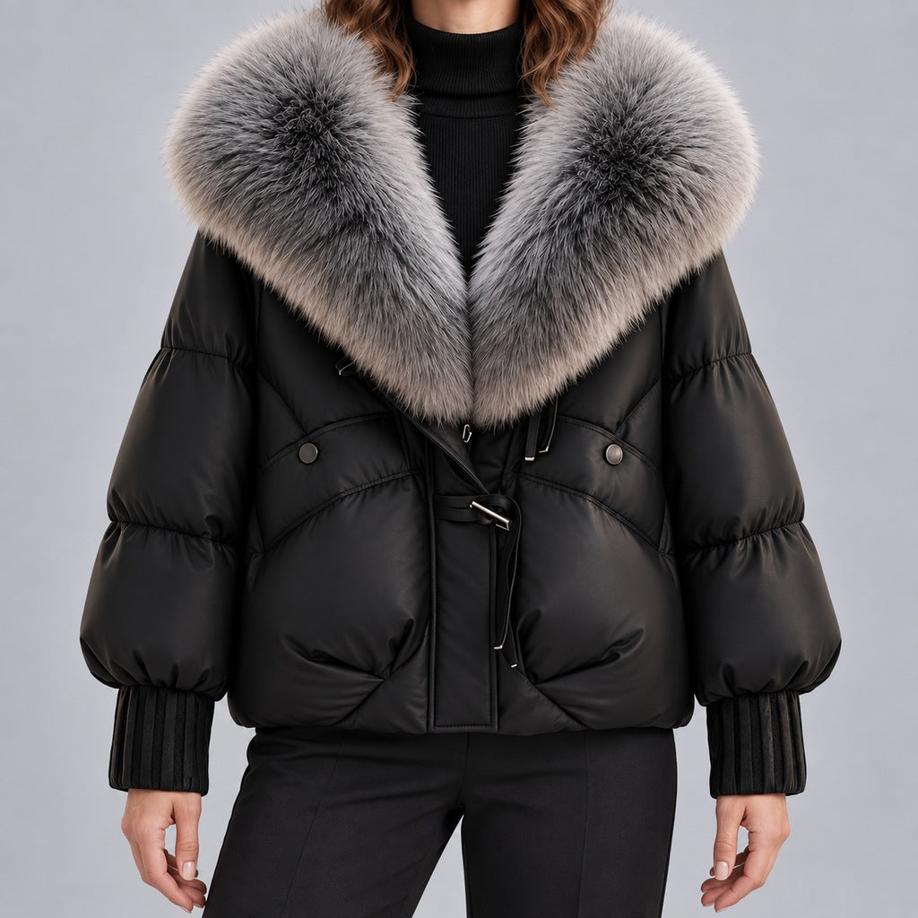 Chaqueta acolchada brillante para mujer con cuello de piel sintética extragrande – Abrigo corto con cierre de botones tipo trenca