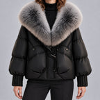 Chaqueta acolchada brillante para mujer con cuello de piel sintética extragrande – Abrigo corto con cierre de botones tipo trenca