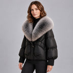 Chaqueta acolchada brillante para mujer con cuello de piel sintética extragrande – Abrigo corto con cierre de botones tipo trenca