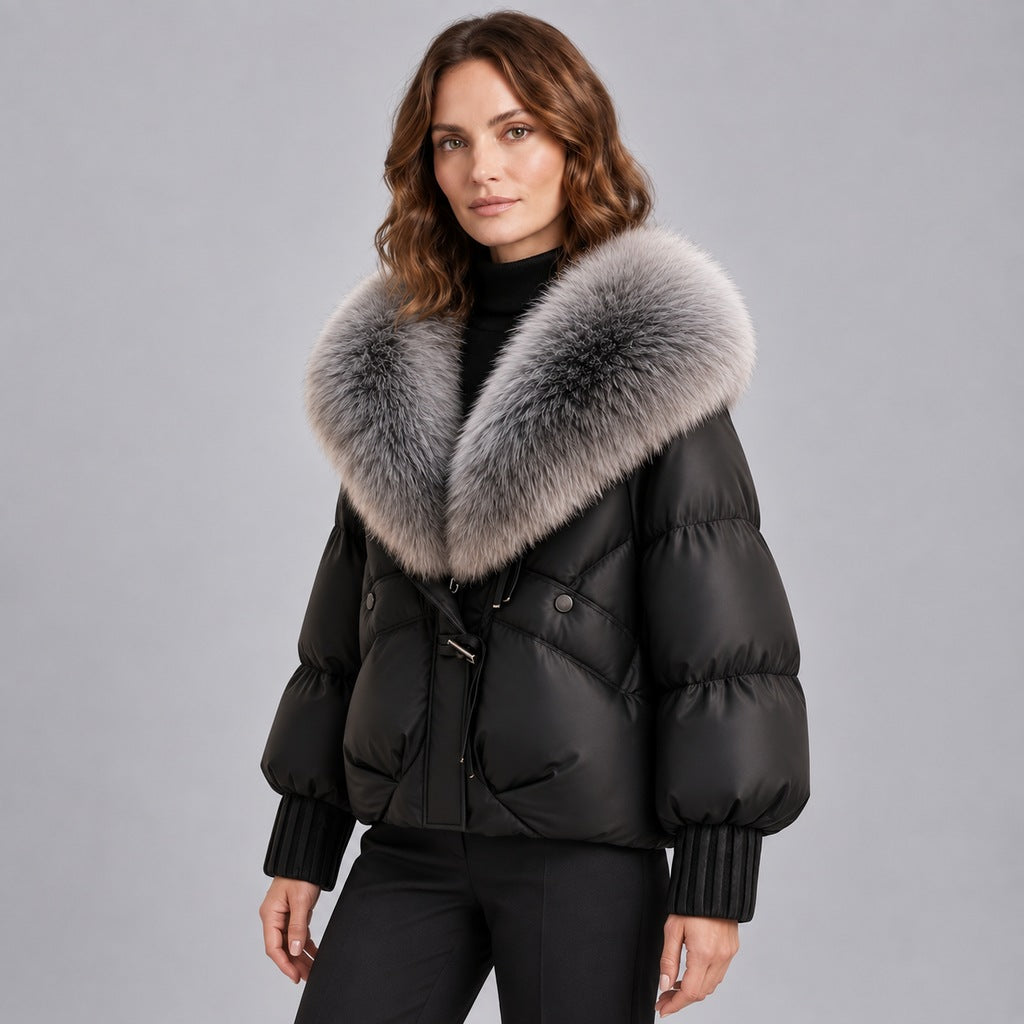 Chaqueta acolchada brillante para mujer con cuello de piel sintética extragrande – Abrigo corto con cierre de botones tipo trenca