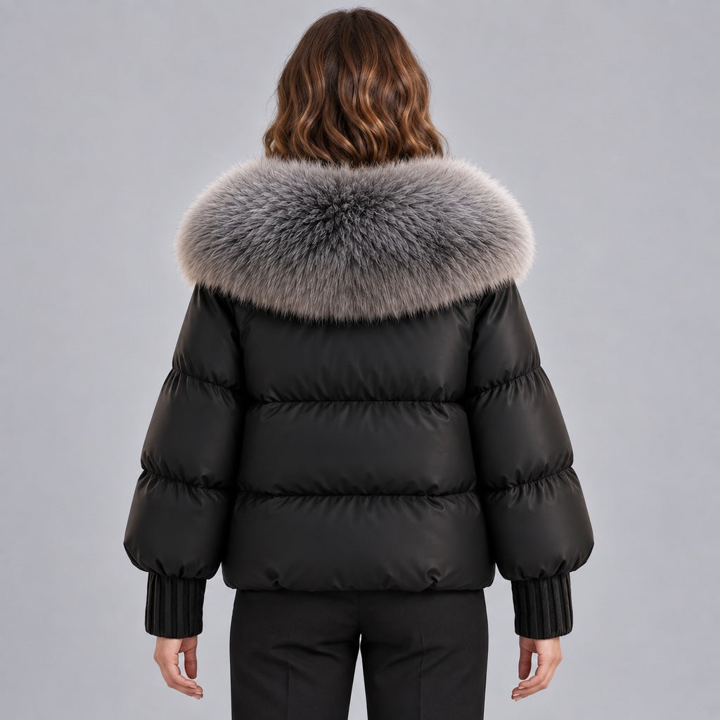 Chaqueta acolchada brillante para mujer con cuello de piel sintética extragrande – Abrigo corto con cierre de botones tipo trenca