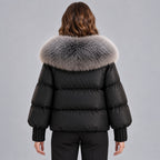 Chaqueta acolchada brillante para mujer con cuello de piel sintética extragrande – Abrigo corto con cierre de botones tipo trenca