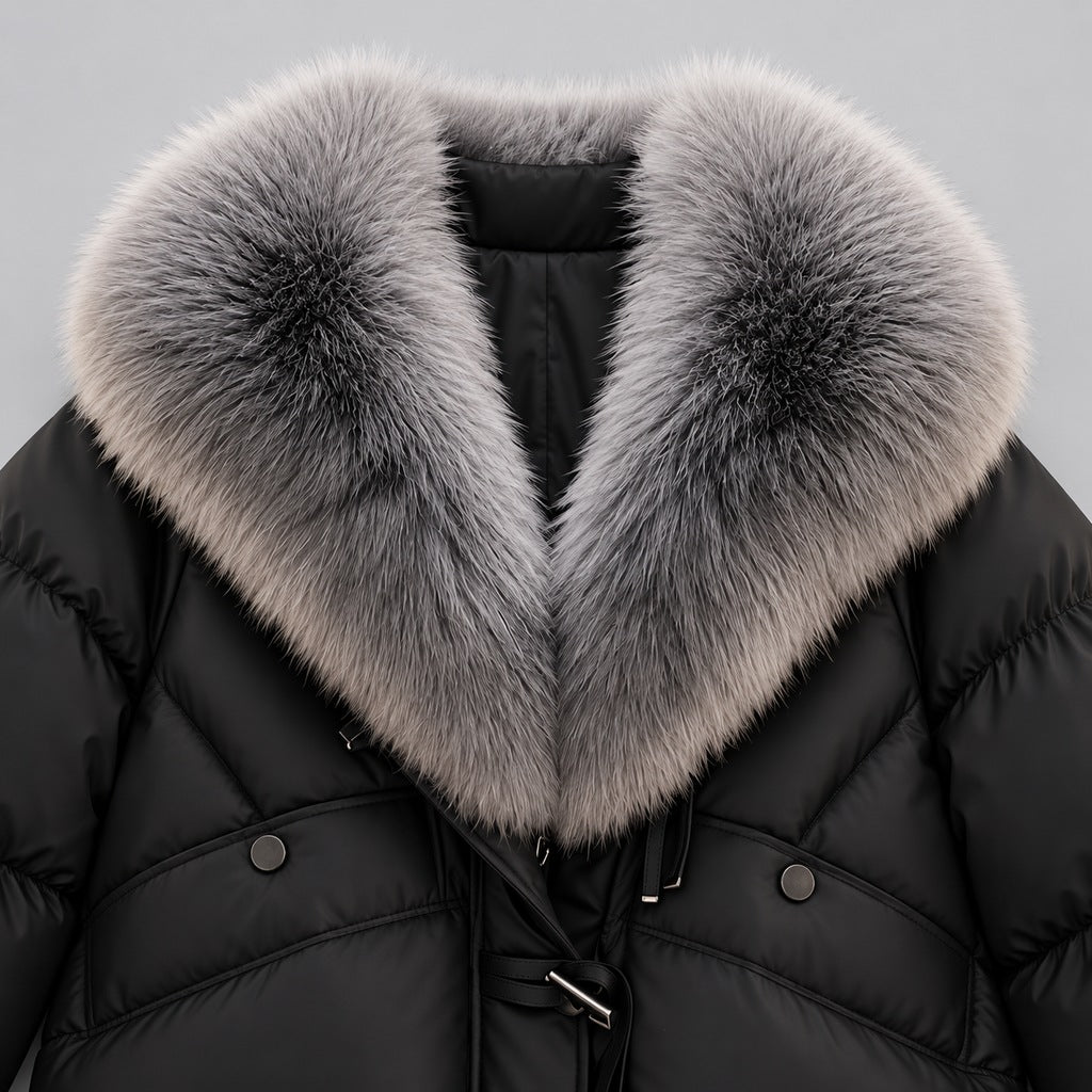 Chaqueta acolchada brillante para mujer con cuello de piel sintética extragrande – Abrigo corto con cierre de botones tipo trenca