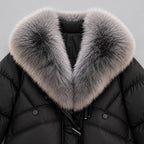 Chaqueta acolchada brillante para mujer con cuello de piel sintética extragrande – Abrigo corto con cierre de botones tipo trenca