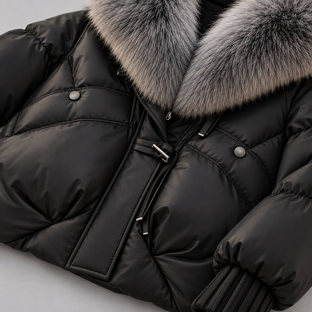 Chaqueta acolchada brillante para mujer con cuello de piel sintética extragrande – Abrigo corto con cierre de botones tipo trenca
