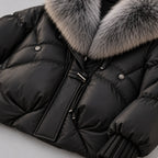 Chaqueta acolchada brillante para mujer con cuello de piel sintética extragrande – Abrigo corto con cierre de botones tipo trenca
