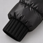 Chaqueta acolchada brillante para mujer con cuello de piel sintética extragrande – Abrigo corto con cierre de botones tipo trenca