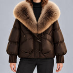 Chaqueta acolchada brillante para mujer con cuello de piel sintética extragrande – Abrigo corto con cierre de botones tipo trenca