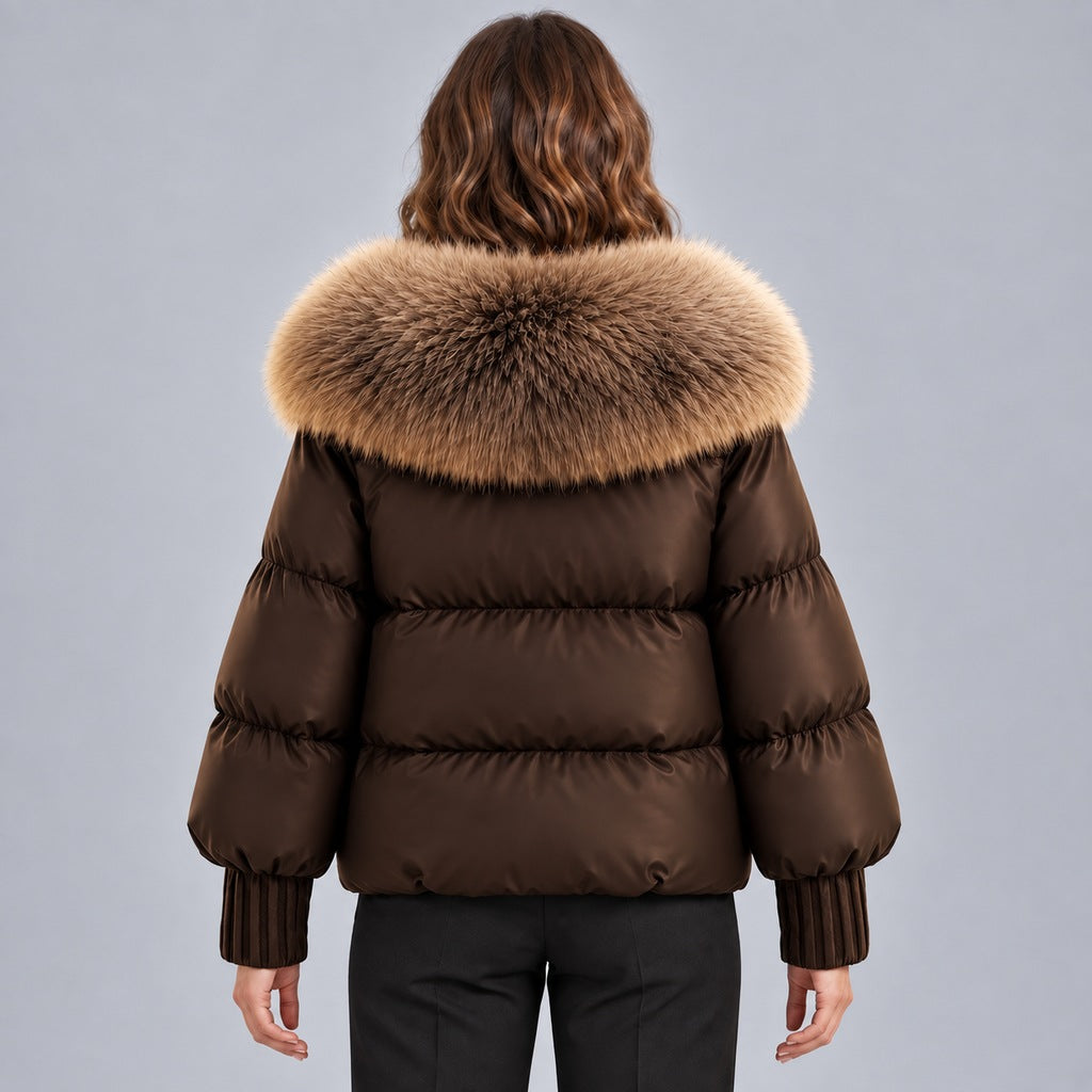 Chaqueta acolchada brillante para mujer con cuello de piel sintética extragrande – Abrigo corto con cierre de botones tipo trenca