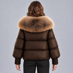 Chaqueta acolchada brillante para mujer con cuello de piel sintética extragrande – Abrigo corto con cierre de botones tipo trenca