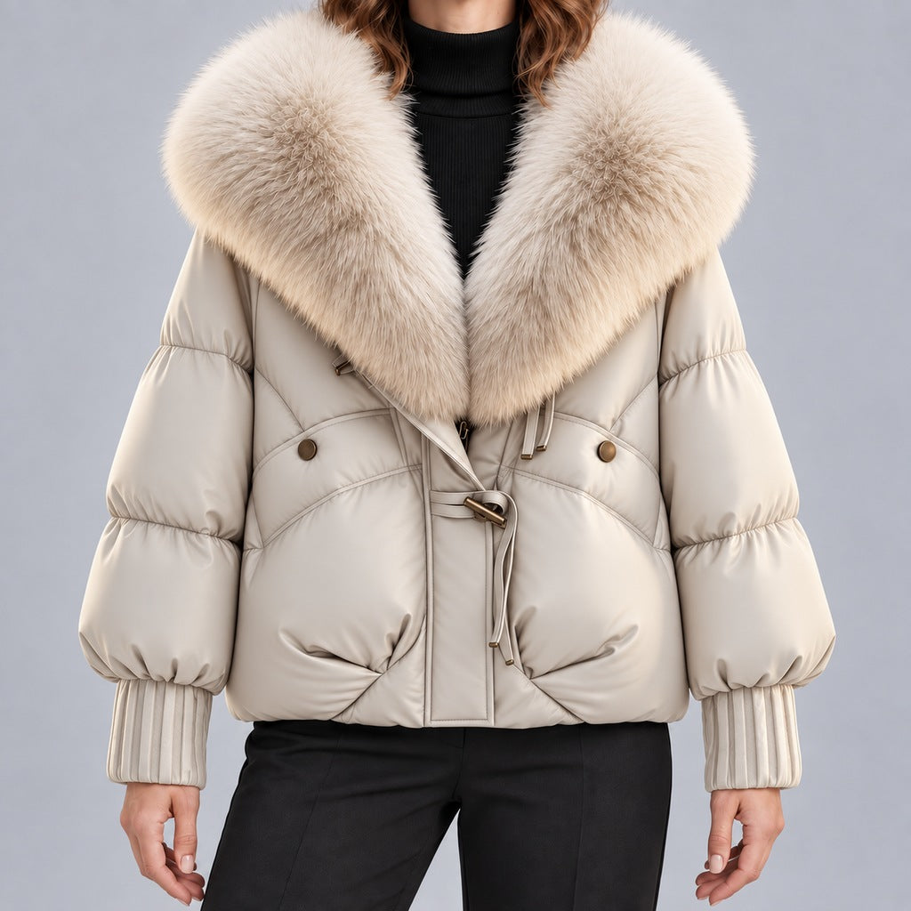 Chaqueta acolchada brillante para mujer con cuello de piel sintética extragrande – Abrigo corto con cierre de botones tipo trenca