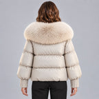 Chaqueta acolchada brillante para mujer con cuello de piel sintética extragrande – Abrigo corto con cierre de botones tipo trenca