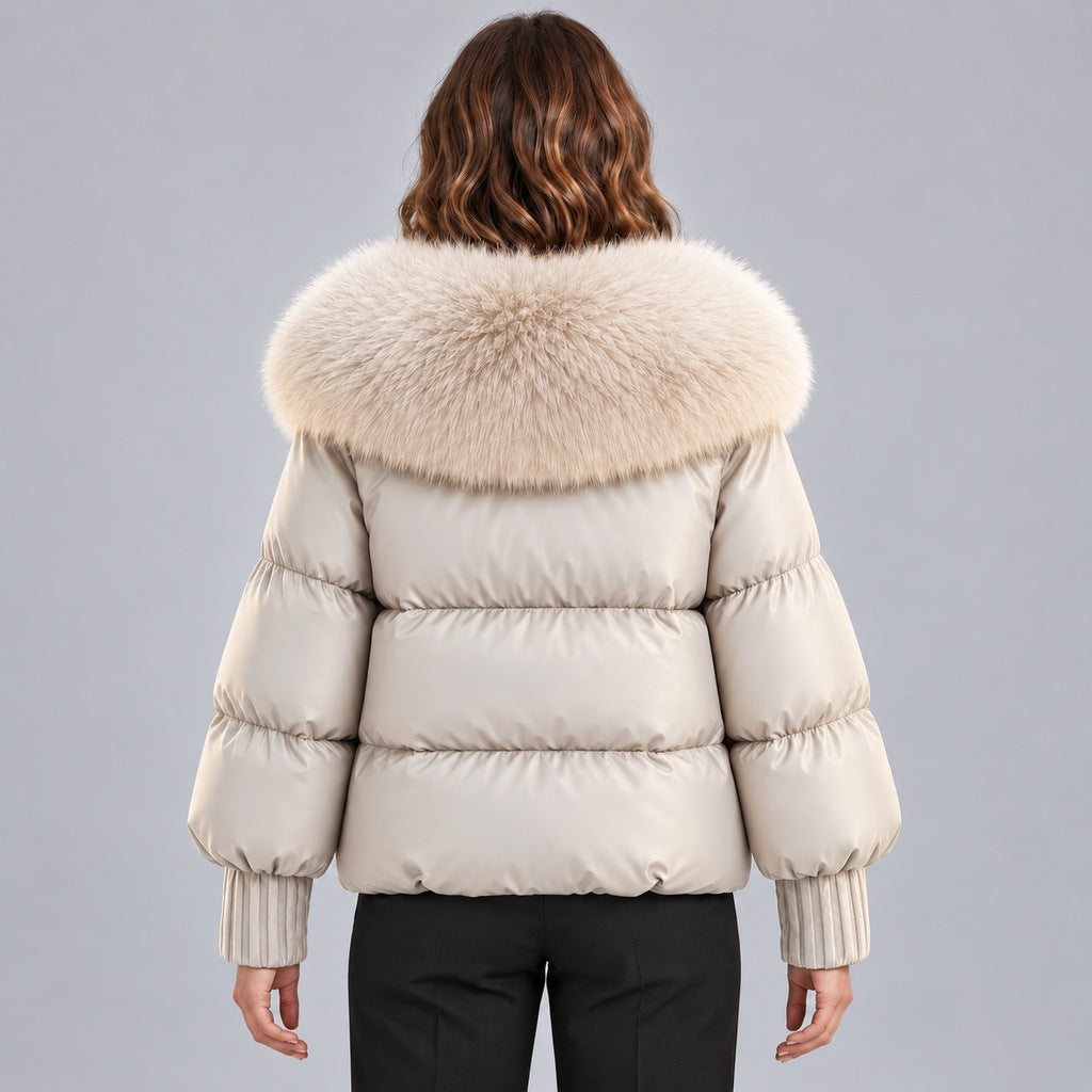 Chaqueta acolchada brillante para mujer con cuello de piel sintética extragrande – Abrigo corto con cierre de botones tipo trenca