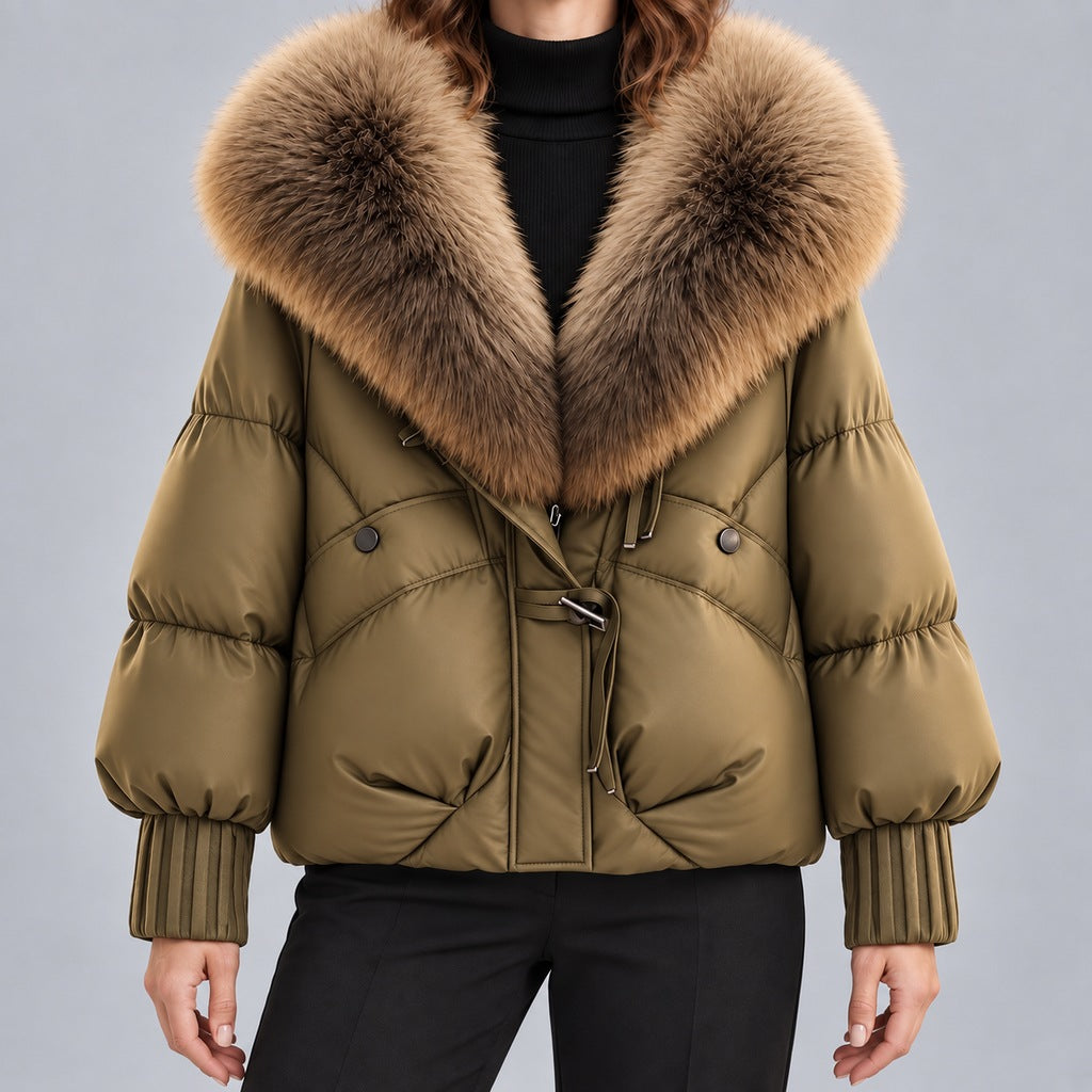 Chaqueta acolchada brillante para mujer con cuello de piel sintética extragrande – Abrigo corto con cierre de botones tipo trenca