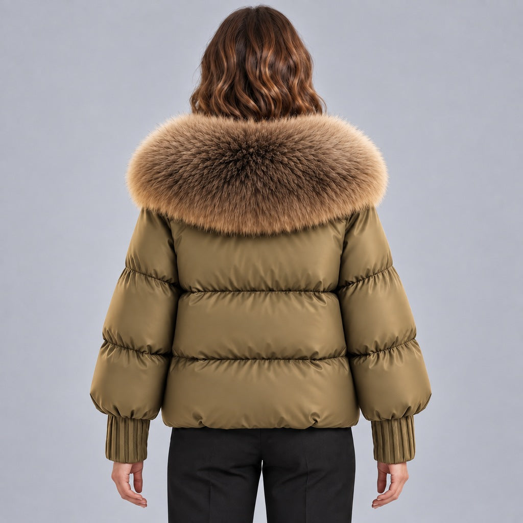 Chaqueta acolchada brillante para mujer con cuello de piel sintética extragrande – Abrigo corto con cierre de botones tipo trenca