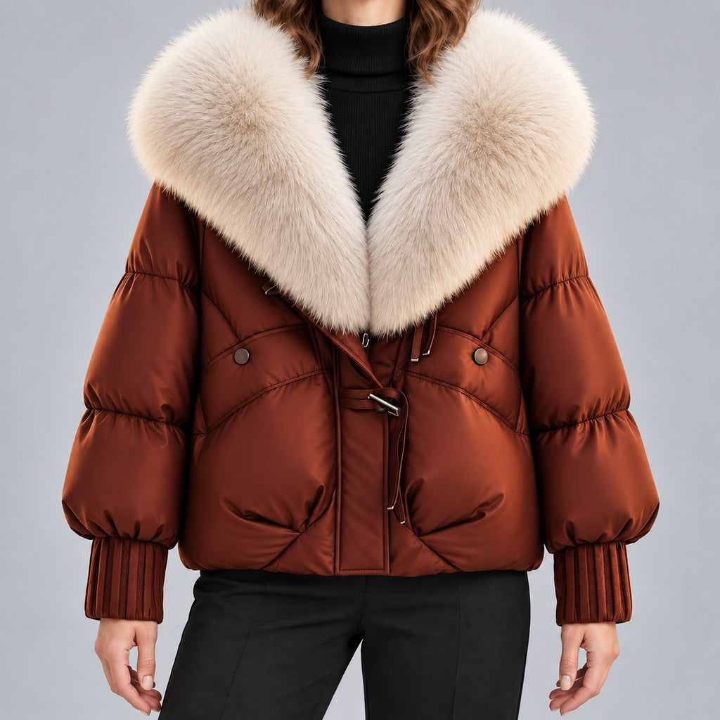 Chaqueta acolchada brillante para mujer con cuello de piel sintética extragrande – Abrigo corto con cierre de botones tipo trenca