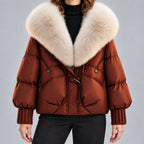 Chaqueta acolchada brillante para mujer con cuello de piel sintética extragrande – Abrigo corto con cierre de botones tipo trenca