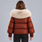 Chaqueta acolchada brillante para mujer con cuello de piel sintética extragrande – Abrigo corto con cierre de botones tipo trenca