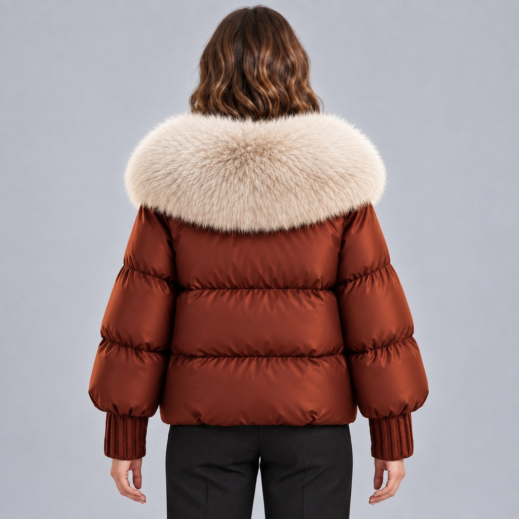 Chaqueta acolchada brillante para mujer con cuello de piel sintética extragrande – Abrigo corto con cierre de botones tipo trenca