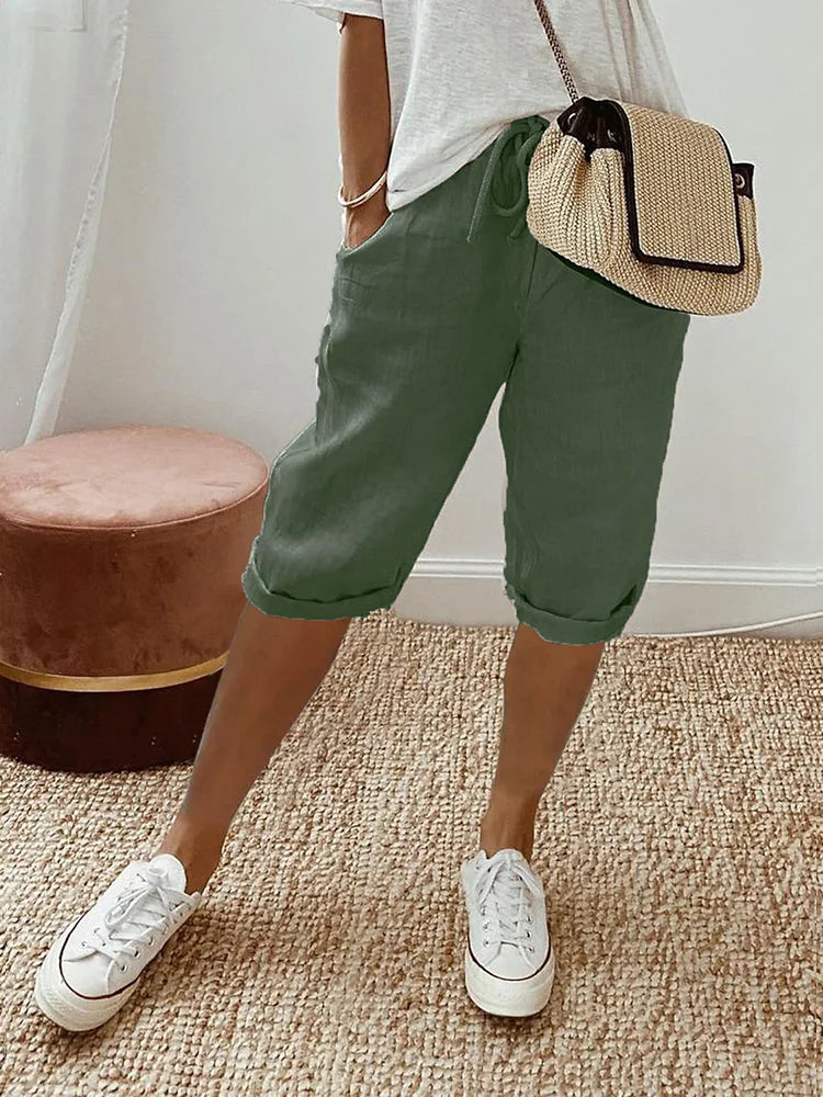 Women's Cotton Shorts with Elastic Waistband – Perfect for Summer - Green