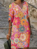 V-Neck Floral Dress with Short Sleeves for Women | Perfect for Warm Days - Pink