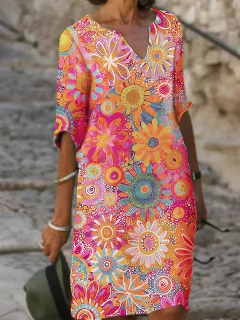V-Neck Floral Dress with Short Sleeves for Women | Perfect for Warm Days - Pink