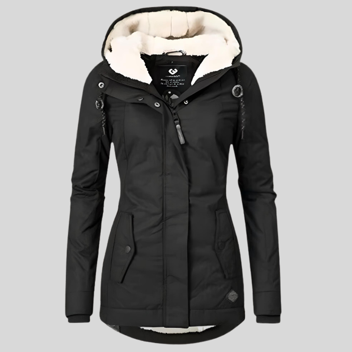 Women's Long Insulated Waterproof Coat with Hood - Black
