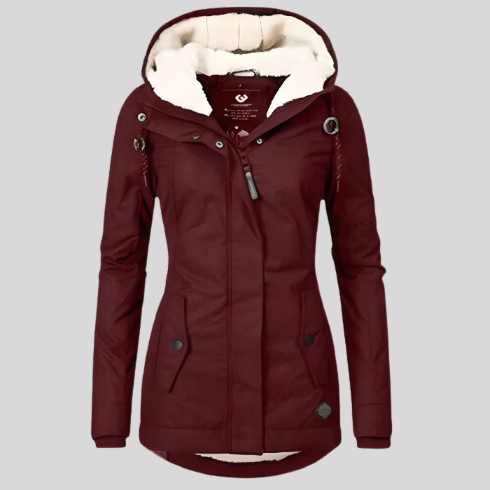 Women's Long Insulated Waterproof Coat with Hood - Burgundy