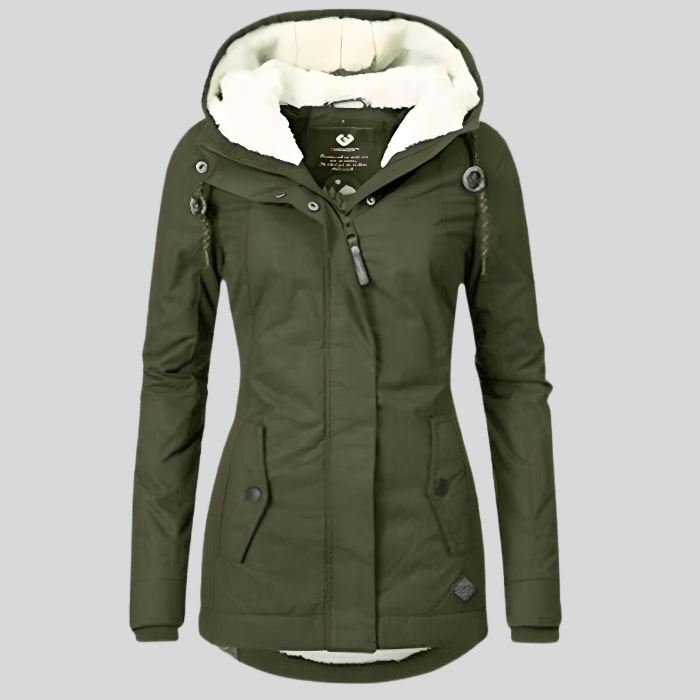 Women's Long Insulated Waterproof Coat with Hood - Olive Green