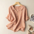 Women's Short-Sleeve Blouse with Wave Collar and Relaxed Fit - Peach