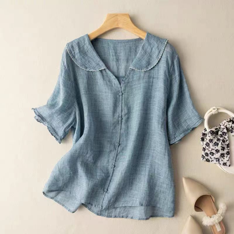 Women's Short-Sleeve Blouse with Wave Collar and Relaxed Fit - Blue
