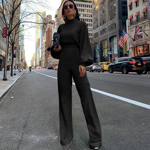 Elegant Jumpsuit with Long-Sleeve Design and Practical Side Pockets - Perfect for Autumn - Black