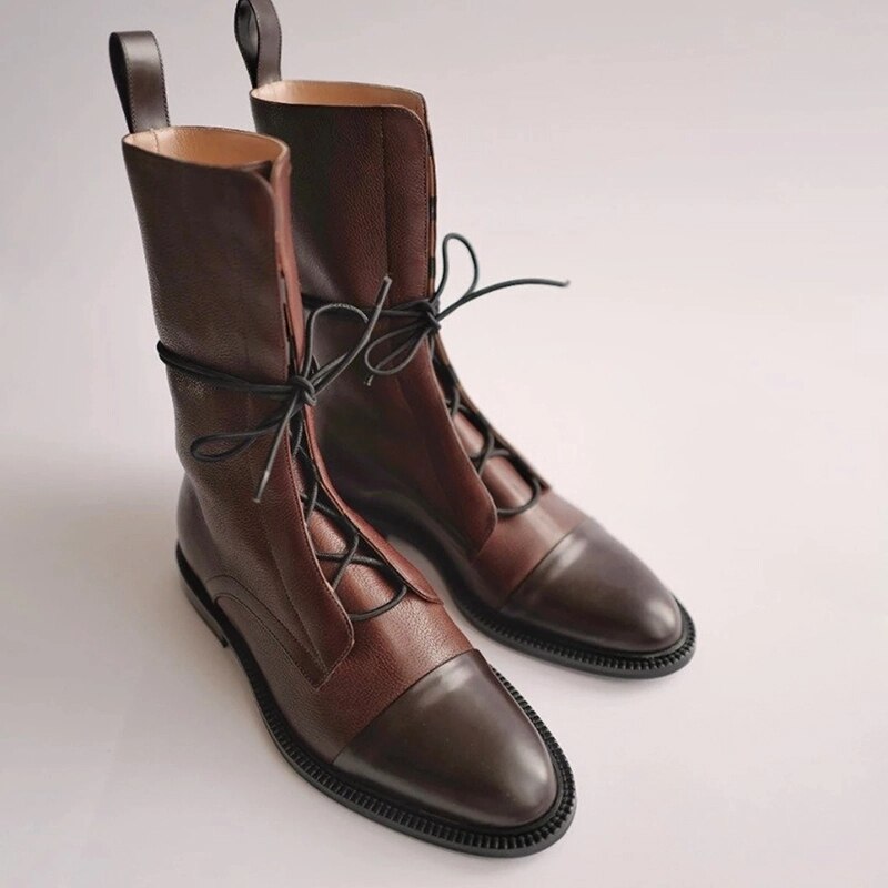 Women's Autumn Ankle Boots, Smooth with Block Heel and Side Zipper - Brown