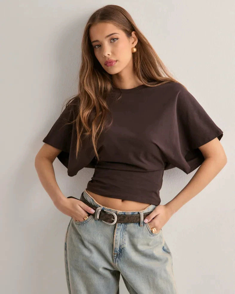 Women's Long-Sleeve Pullover Shirt, Crew Neck, Relaxed Cut, Autumn, Solid Color - Brown