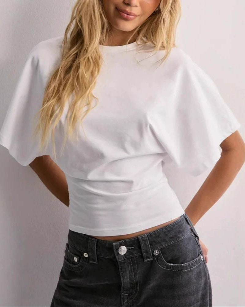 Women's Long-Sleeve Pullover Shirt, Crew Neck, Relaxed Cut, Autumn, Solid Color - White