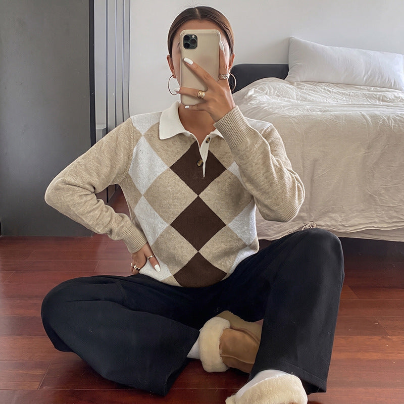 Women’s Elegant Checked Knit Polo Shirt