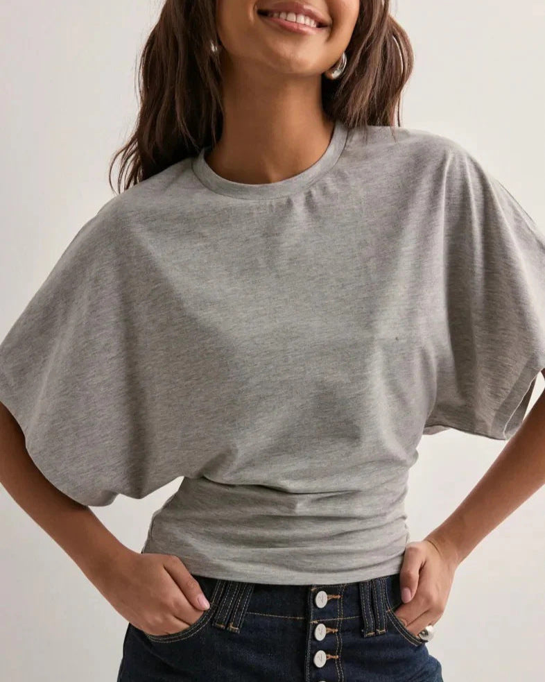 Women's Long-Sleeve Pullover Shirt, Crew Neck, Relaxed Cut, Autumn, Solid Color - Gray