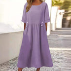 Cotton-Linen Blend Autumn Dress, Midi Length, Crew Neck, Breathable - Perfect for Autumn Walks - Purple