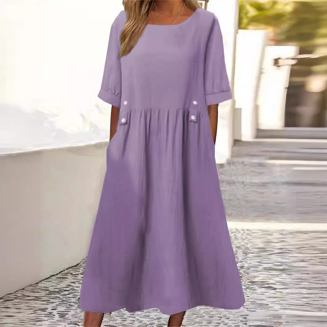 Cotton-Linen Blend Autumn Dress, Midi Length, Crew Neck, Breathable - Perfect for Autumn Walks - Purple