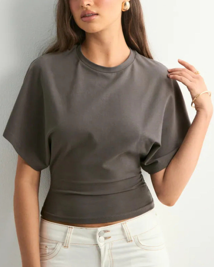 Women's Long-Sleeve Pullover Shirt, Crew Neck, Relaxed Cut, Autumn, Solid Color - Dark Gray