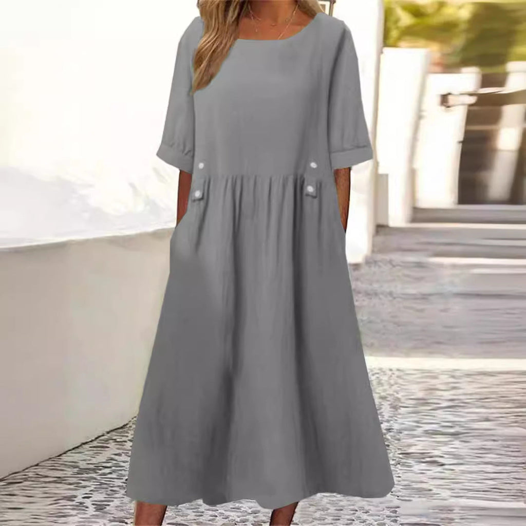 Cotton-Linen Blend Autumn Dress, Midi Length, Crew Neck, Breathable - Perfect for Autumn Walks - Gray
